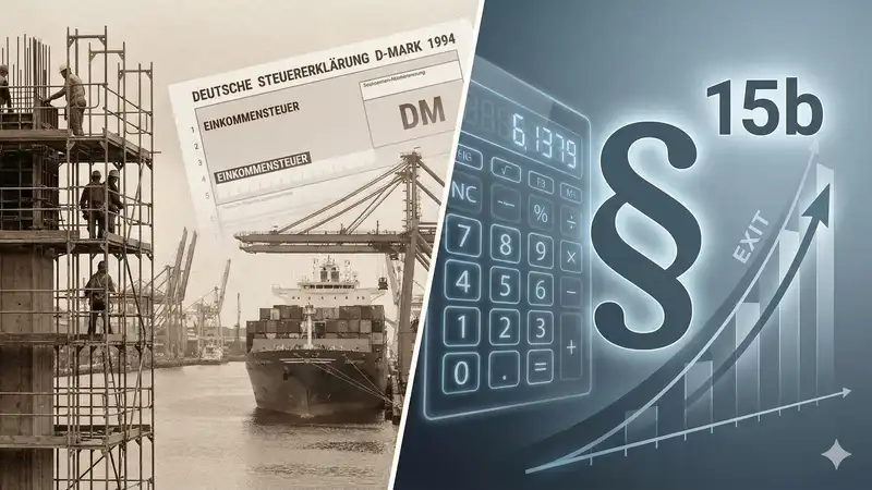 Kollage aus historischer Baustelle und modernen Steuerparagraphen, die den Wandel bei der Besteuerung geschlossener Fonds symbolisiert.