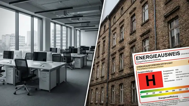 Leeres Bürogebäude und ältere Immobilie mit schlechtem Energieausweis symbolisieren Risiken geschlossener Fonds
