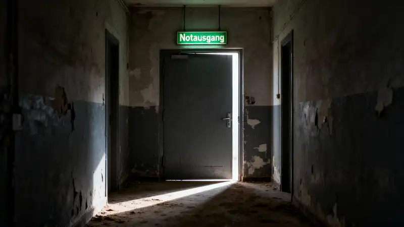 Notausgangstür steht einen Spalt offen, Symbol für Verkauf am Zweitmarkt und Liquidität