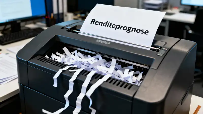 Aktenvernichter zerstört Renditeprognose, Symbol für Kapitalvernichtung und Inflation