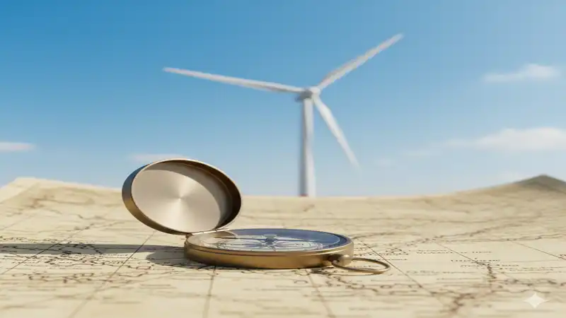 Kompass auf Seekarte und Windrad symbolisieren Schiffs- und Energiefonds