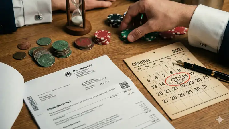 Steuerliche Aspekte beim Fondsverkauf: Kalender mit 10-Jahres-Frist und Steuerformular.
