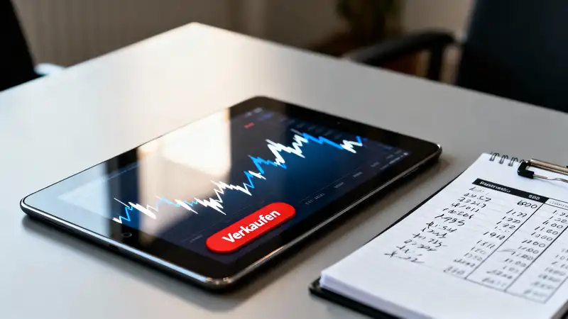 Tablet auf Schreibtisch zeigt Kursverlauf und Verkaufsoption für geschlossene Fonds auf einer Zweitmarkt-Plattform