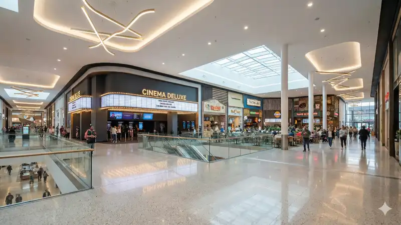Innenbereich einer Mills-Corporation Shopping Mall mit Entertainment-Bereichen