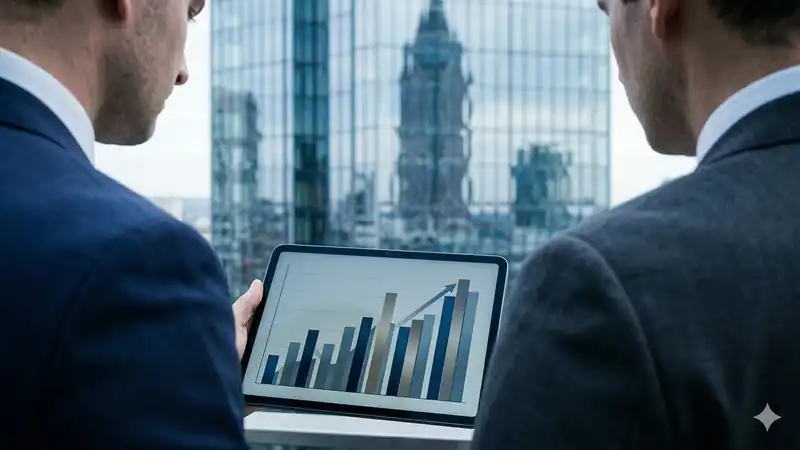 Zwei institutionelle Investoren analysieren Finanzdaten und Renditepotenziale von Sachwertinvestments auf einem Tablet.