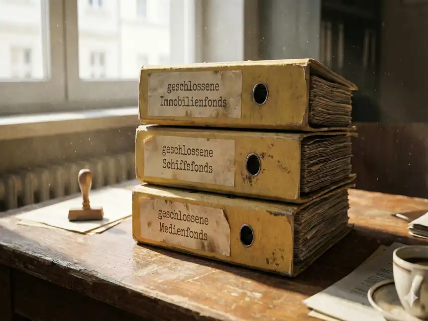 Alte, vergilbte Aktenordner mit der Aufschrift geschlossene Immobilienfonds und Schiffsfonds symbolisieren Altlasten im Depot