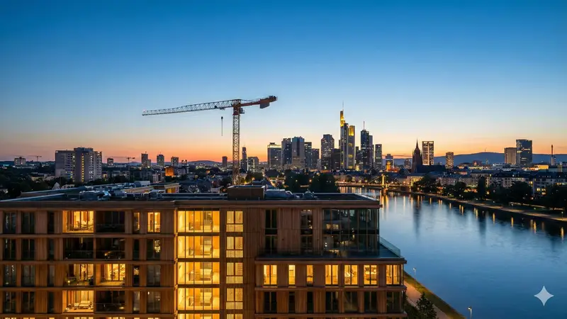 Skyline mit modernen Immobilien und Baukran als Symbolbild für den Marktbericht November 2025.