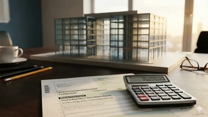 Steuerbescheid und Taschenrechner symbolisieren die steuerliche Berechnung beim Verkauf von Immobilienfonds Bildunterschrift: Der Verkaufserlös ist nicht gleich der steuerliche Gewinn: Eine präzise Kalkulation ist vor dem Verkauf essenziell.