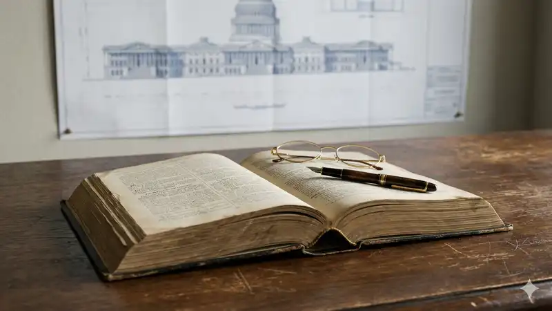Aufgeschlagenes Steuergesetzbuch auf einem Eichenschreibtisch mit Lesebrille, im Hintergrund unscharfe Immobilien-Baupläne, symbolisch für § 6b Reinvestition.
